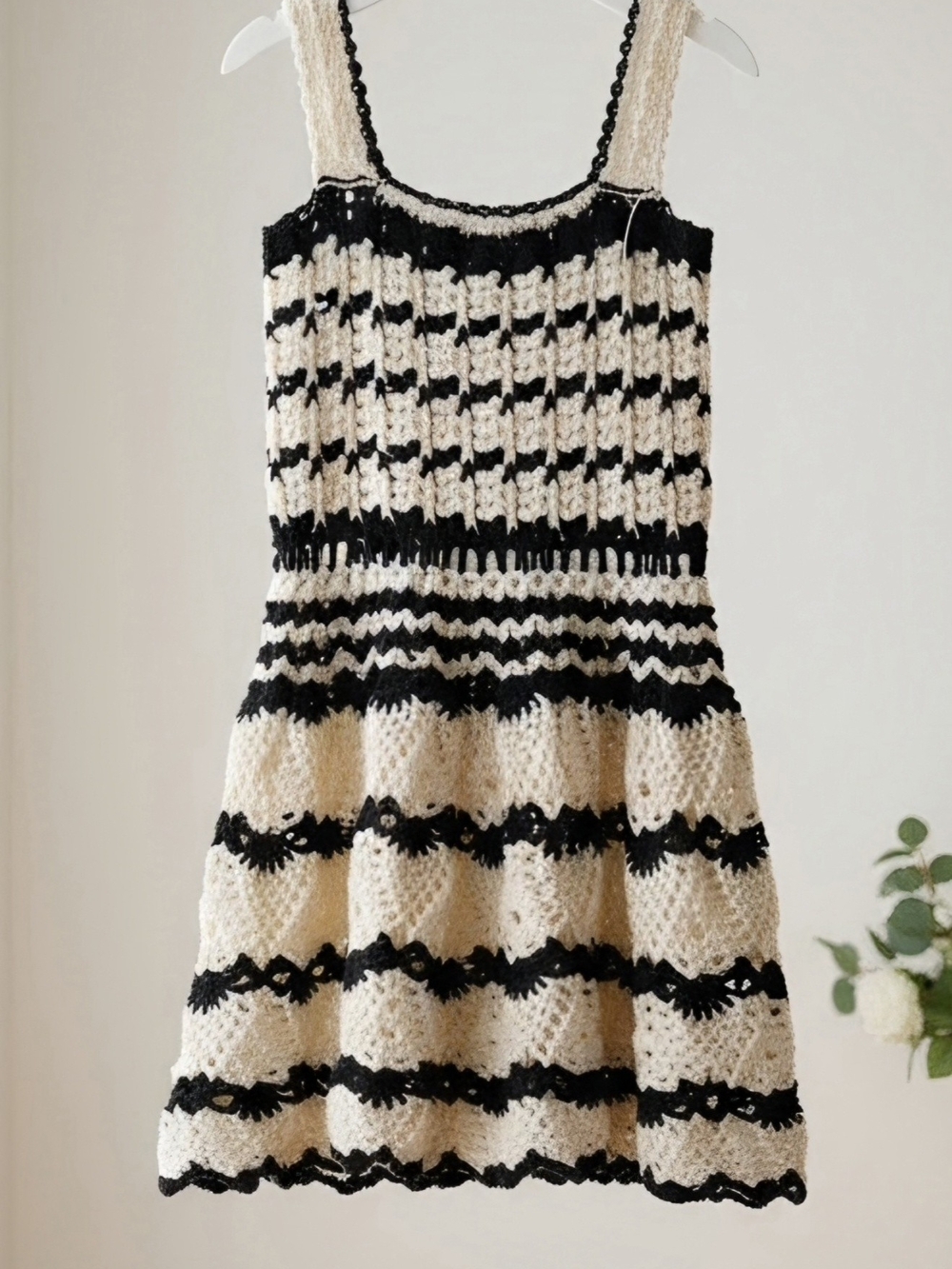 Girls Crochet Striped Sundress in Cream and Black 3T-4T